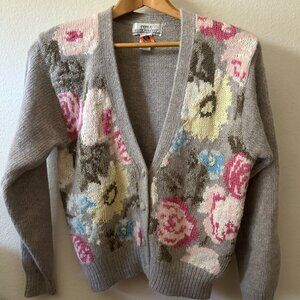 Wool and rabbit hair blend floral knit cardigan sweater